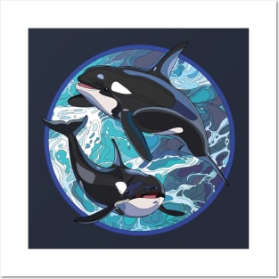 Oceanic Elegance: Stained Glass Style Circle Design T-Shirt with Two Orcas Posters and Art